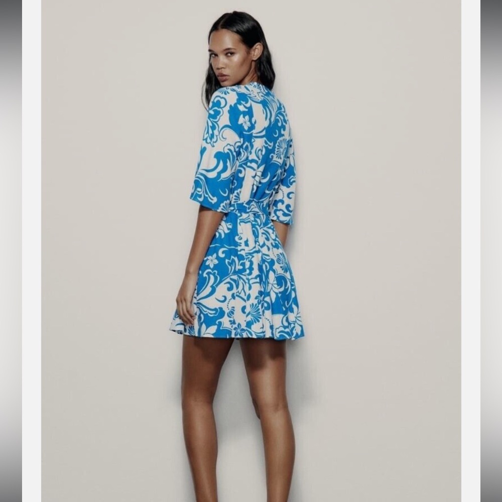 ZARA PRINTED SHORT LINEN BLEND SHIRT DRESS